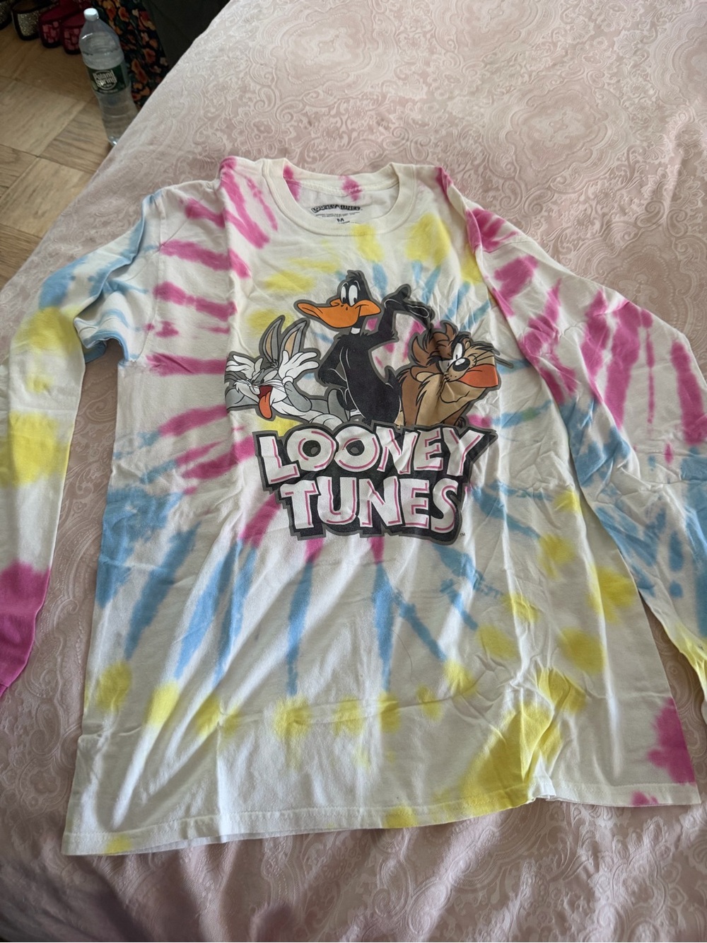 Warner Bros. Tie-Dye Long Sleeve Shirt - White with Pink, Blue & Yellow